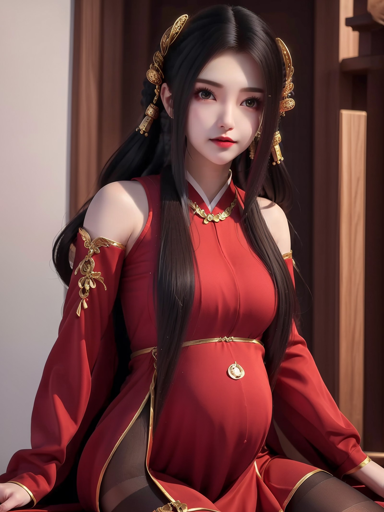 00055-3618358822-_lora_QinYining_20230814155004_0.8_QinYining, 1girl, solo, long hair, dress, hair ornament, red dress, brown hair, looking at vi.png